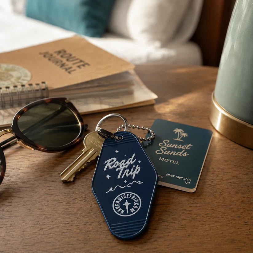 Road Trip Vintage Hotel Key Style Keychain - Image 4