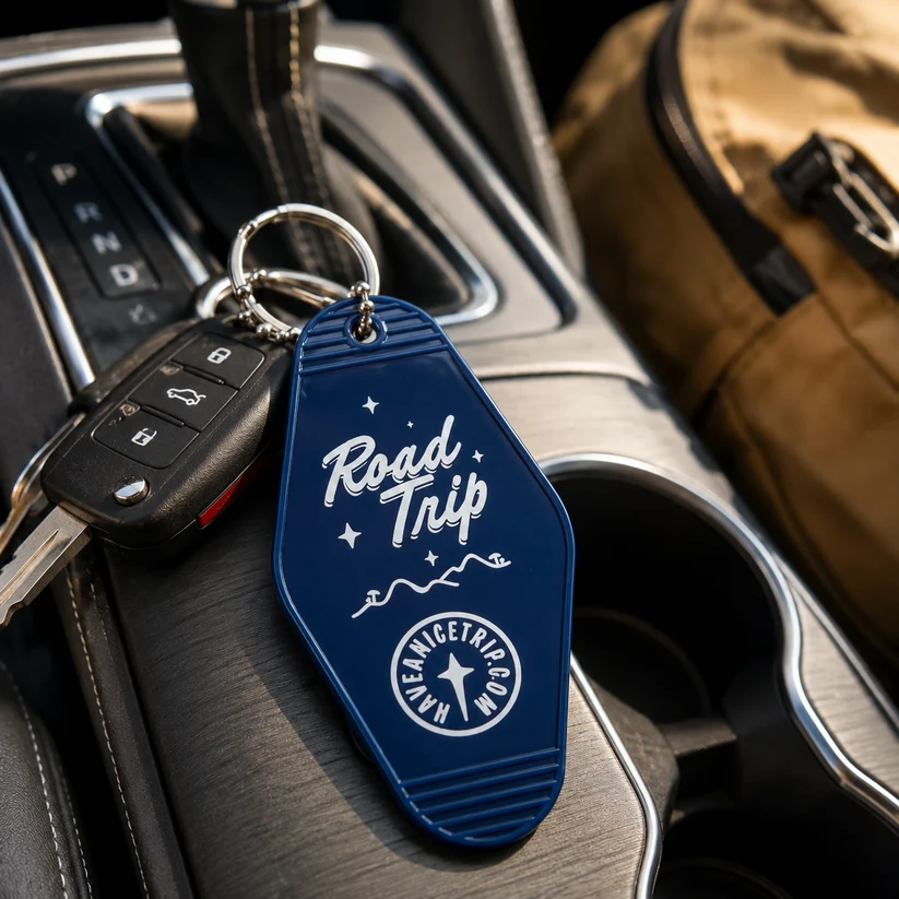 Road Trip Vintage Hotel Key Style Keychain - Image 3